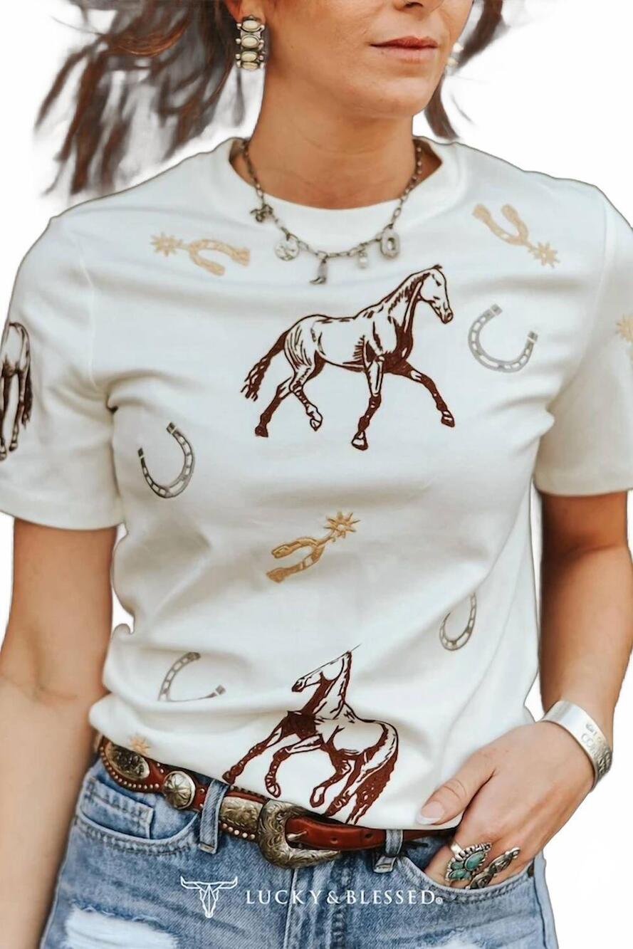 NEW LUCKY & BLESSED western horseshoe spur embroidered shirt in ivory